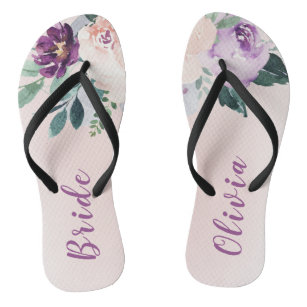 Blooming botanical purple personalized bride flip flops