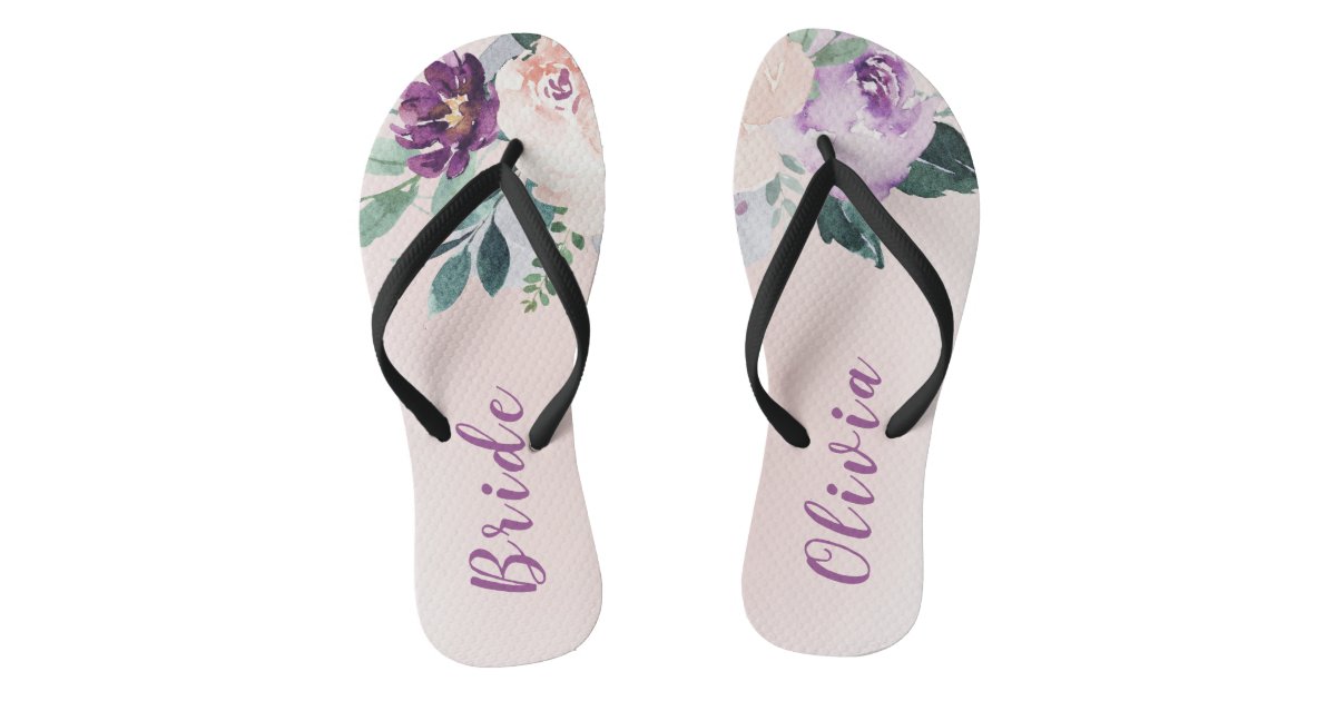Blooming botanical purple personalized bride flip flops | Zazzle