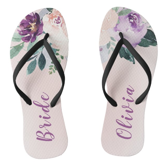 Blooming botanical purple personalized bride flip flops (Footbed)