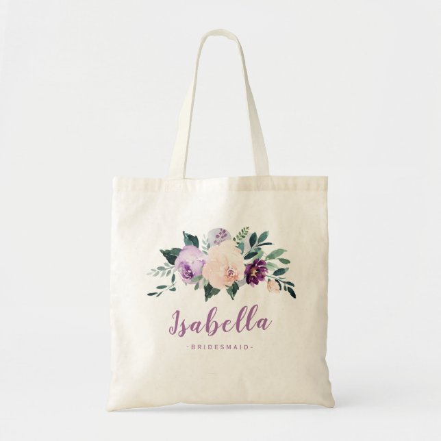 Blooming botanical purple personalized bridesmaid tote bag (Front)