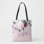 Blooming botanical purple personalized wifey tote bag<br><div class="desc">Watercolor botanical floral and greenery in blush,  peach and purple,  with wifey script and custom name on the back,  elegant and romantic,   great personalized gifts for new bride.</div>