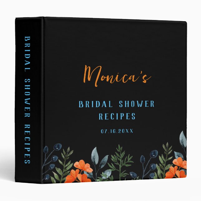 Blooming Botanicals Black Bridal Shower Recipe 3 Ring Binder (Front/Spine)