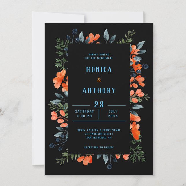 Blooming Botanicals Orange Floral Blue Green Invitation (Front)