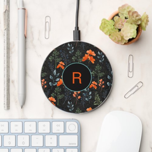 Blooming Botanicals Orange Floral Green Black Wireless Charger