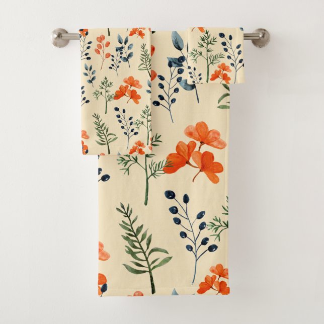 Blooming Botanicals Orange Floral Green Branch Bath Towel Set (Insitu)