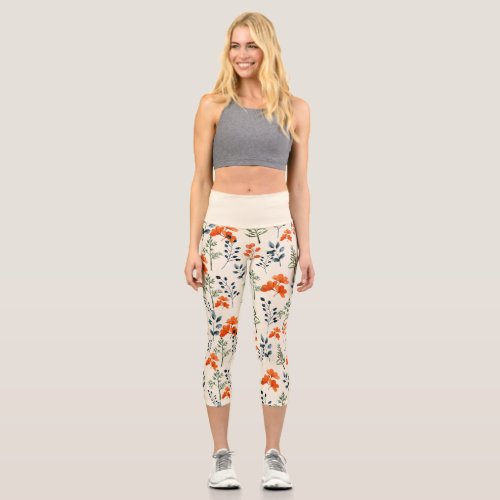 Blooming Botanicals Orange Floral Green Branch Capri Leggings