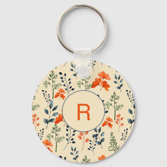 Blooming Botanicals Orange Floral Green Branch Keychain (Front)
