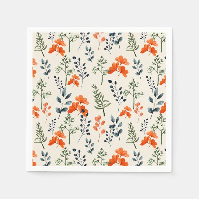 Blooming Botanicals Orange Floral Green Branch Napkins (Front)