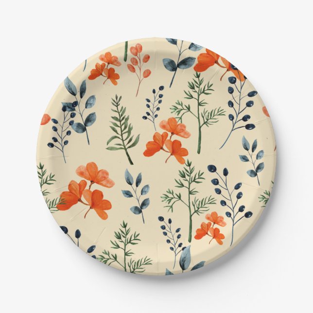 Blooming Botanicals Orange Floral Green Branch Paper Plates (Front)