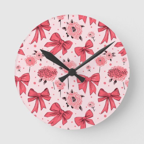 Blooming Bows _ Floral and Ribbon Pattern Round Clock