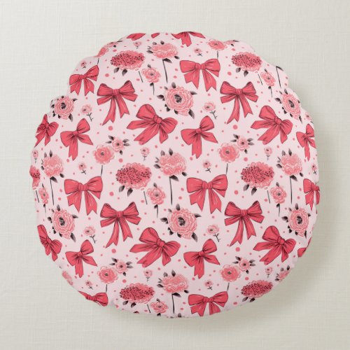 Blooming Bows _ Floral and Ribbon Pattern Round Pillow