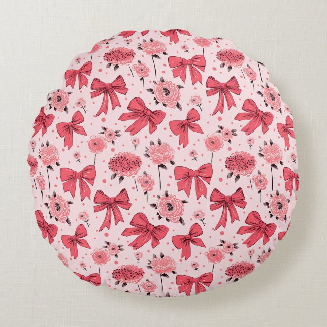 Blooming Bows - Floral and Ribbon Pattern Round Pillow (Front)