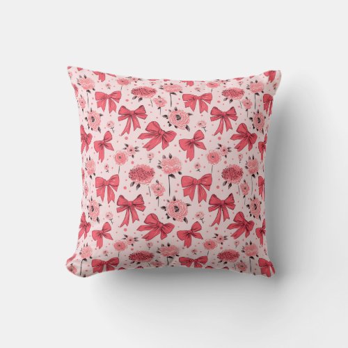 Blooming Bows _ Floral and Ribbon Pattern Throw Pillow
