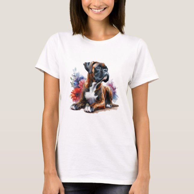 Blooming Boxer Dog Art – Floral Pet Lover Design T-Shirt (Front)