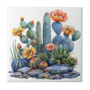 Blooming cacti and succulents ceramic tile