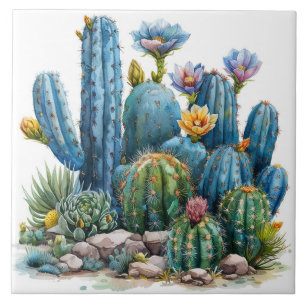 Blooming cacti and succulents ceramic tile