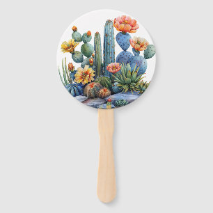 Blooming cacti and succulents hand fan