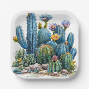 Blooming cacti and succulents paper plates
