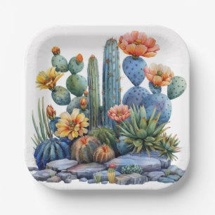 Blooming cacti and succulents paper plates