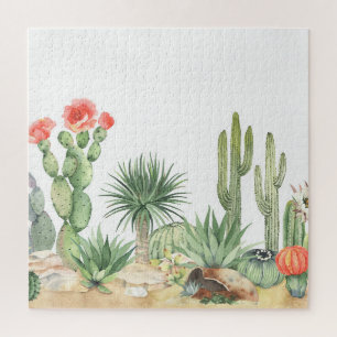 Blooming Cacti Watercolor Border Pattern Jigsaw Puzzle