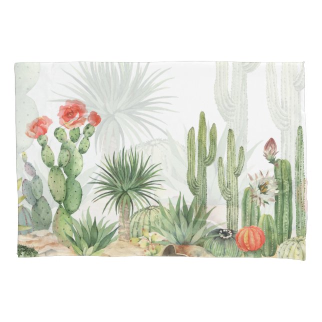 Blooming Cacti Watercolor Border Pattern Pillow Case (Front)