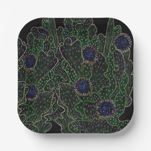 Blooming Cactus Succulent Cacti Night Neon Black Paper Plates