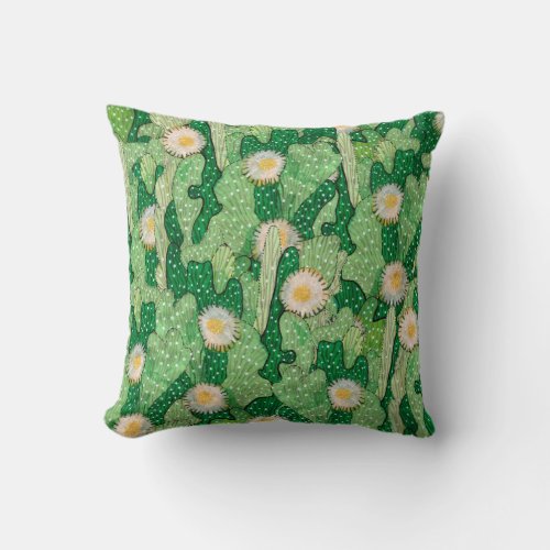 Blooming cactus succulents white flowers green throw pillow