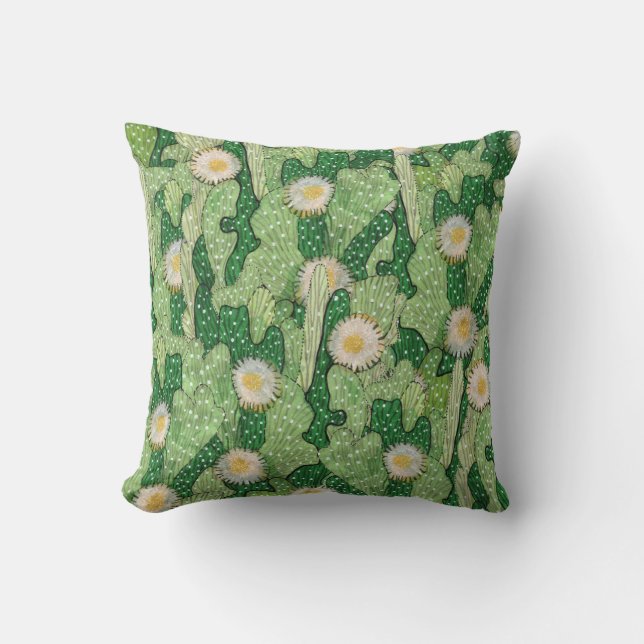 Blooming cactus, succulents, white flowers, green throw pillow (Front)