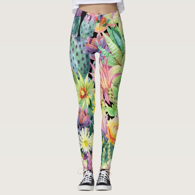 Blooming cactus, watercolor seamless pattern. leggings (Front)