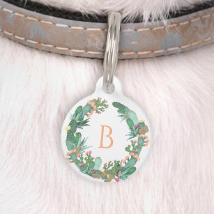 Blooming Cactus Wreath Mint Peach Monogram Pet ID Tag