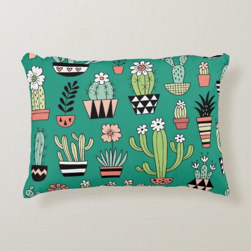 Blooming Cactuses Green Background Vintage Accent Pillow