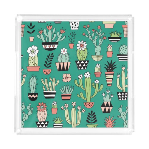 Blooming Cactuses Green Background Vintage Acrylic Tray