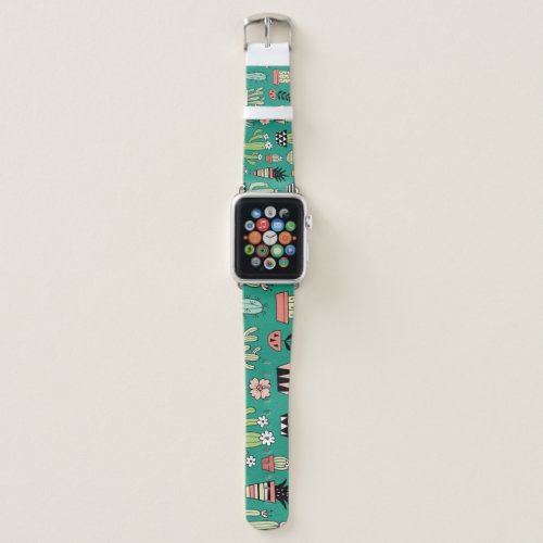 Blooming Cactuses Green Background Vintage Apple Watch Band