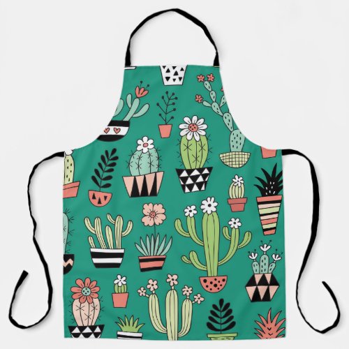 Blooming Cactuses Green Background Vintage Apron