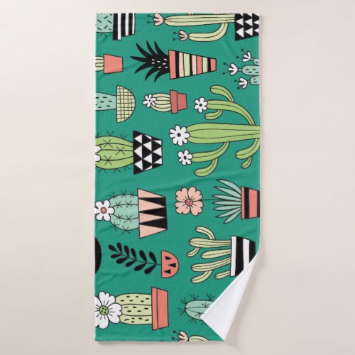 Blooming Cactuses Green Background Vintage Bath Towel