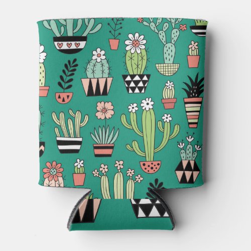 Blooming Cactuses Green Background Vintage Can Cooler