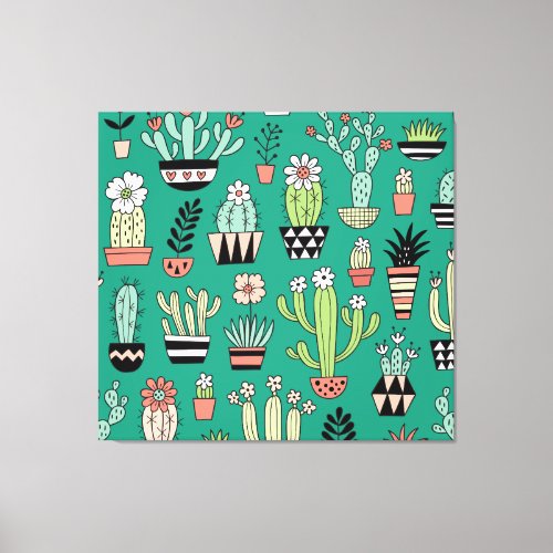 Blooming Cactuses Green Background Vintage Canvas Print