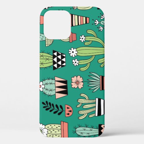 Blooming Cactuses Green Background Vintage iPhone 12 Case