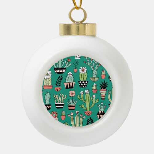 Blooming Cactuses Green Background Vintage Ceramic Ball Christmas Ornament