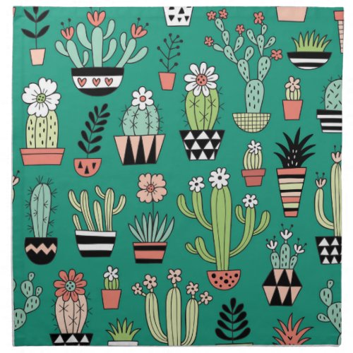 Blooming Cactuses Green Background Vintage Cloth Napkin