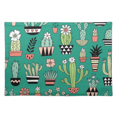 Blooming Cactuses Green Background Vintage Cloth Placemat