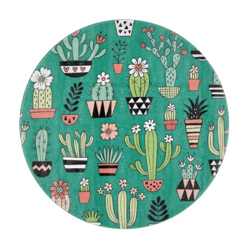 Blooming Cactuses Green Background Vintage Cutting Board
