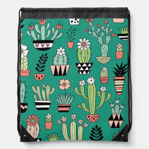 Blooming Cactuses Green Background Vintage Drawstring Bag