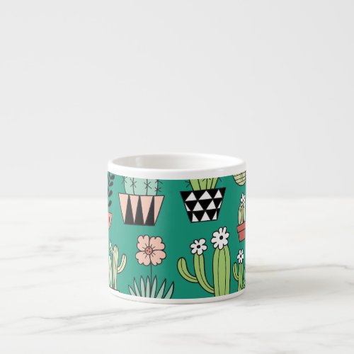 Blooming Cactuses Green Background Vintage Espresso Cup