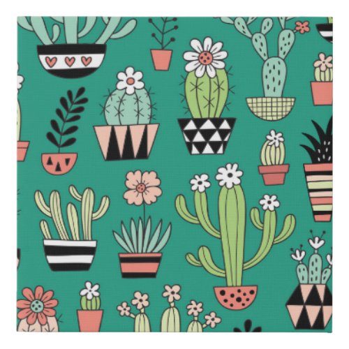 Blooming Cactuses Green Background Vintage Faux Canvas Print