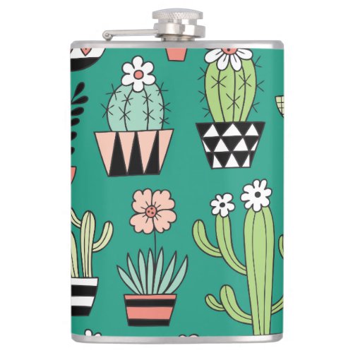 Blooming Cactuses Green Background Vintage Flask