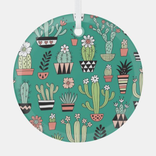 Blooming Cactuses Green Background Vintage Glass Ornament