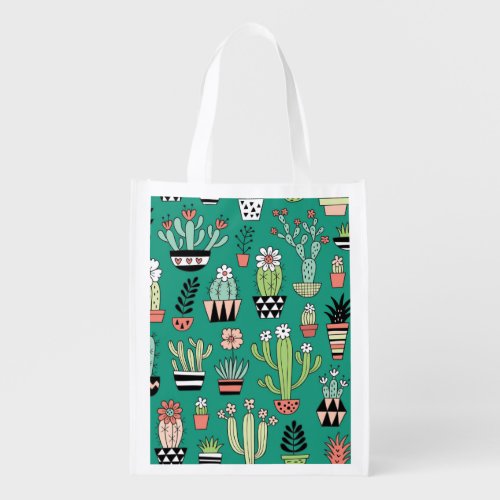 Blooming Cactuses Green Background Vintage Grocery Bag