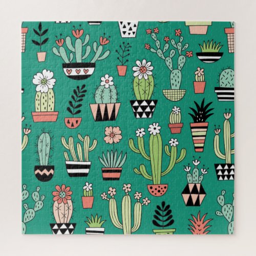 Blooming Cactuses Green Background Vintage Jigsaw Puzzle