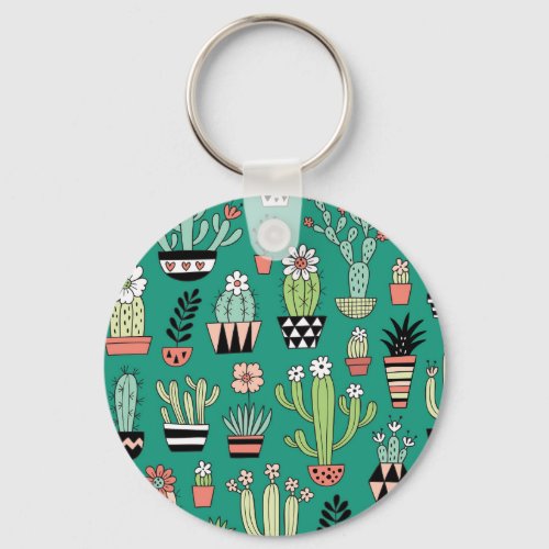 Blooming Cactuses Green Background Vintage Keychain